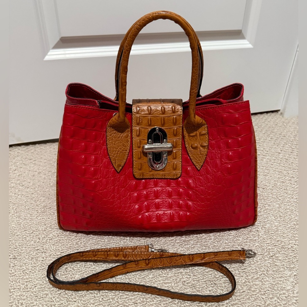 Red Croc-Embossed Leather Handbag
